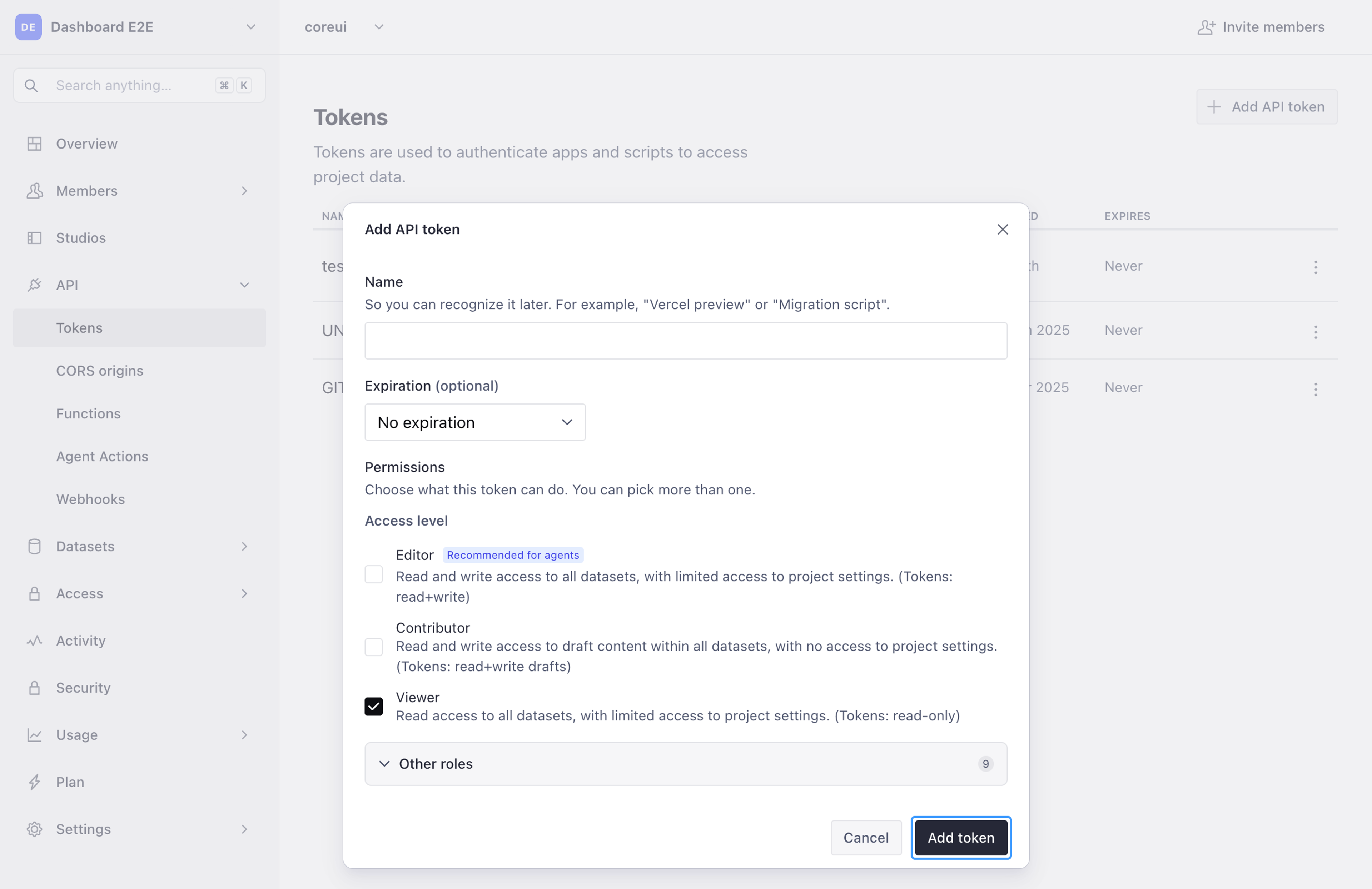 The Add API token dialog in Sanity Manage, opened from API › Tokens in the sidebar, with Viewer selected and the Add token button highlighted.