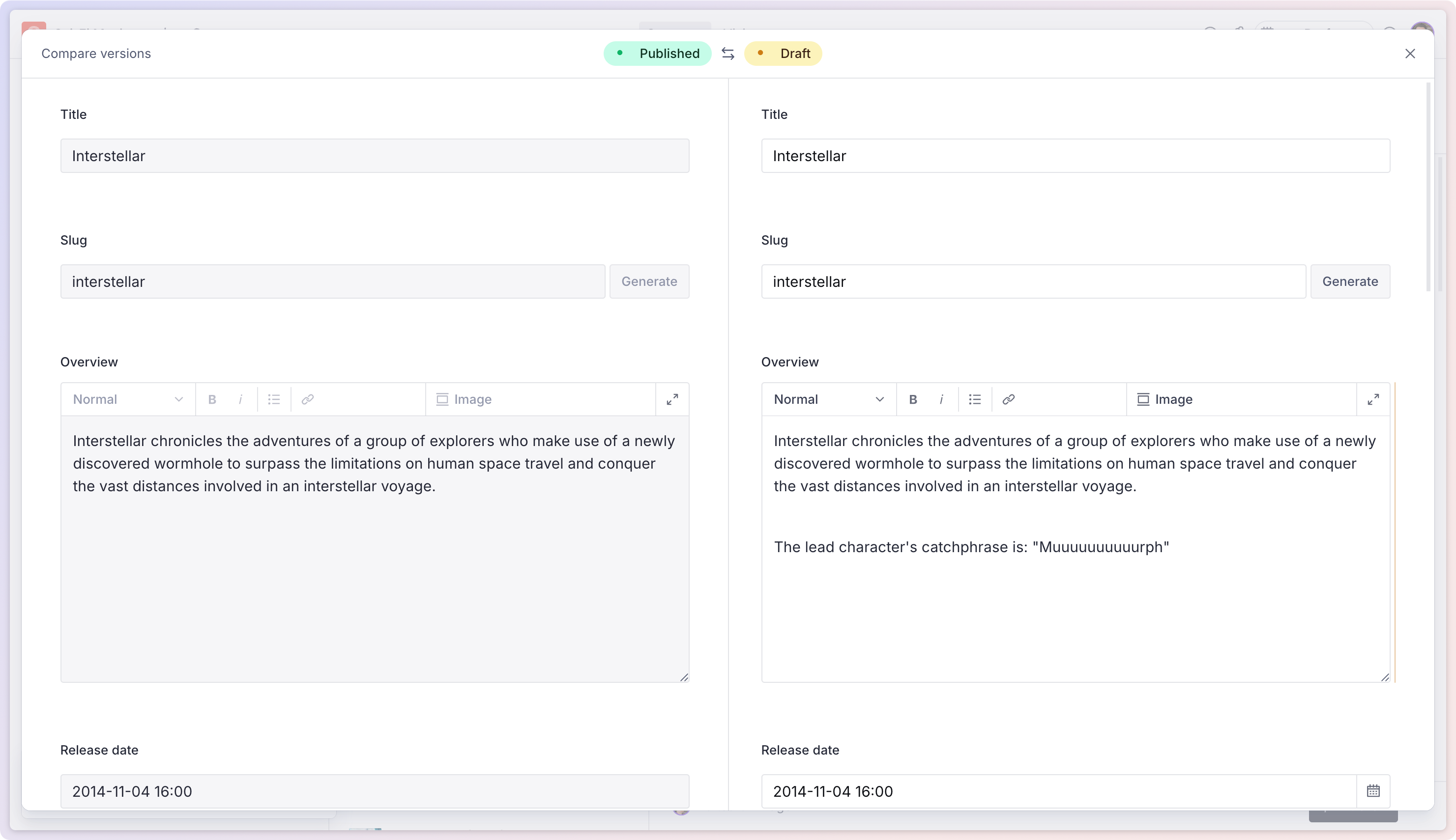 The document comparison view in Sanity Studio, with the Published version in the left panel and the Draft version in the right panel, and the Overview field differing between them.