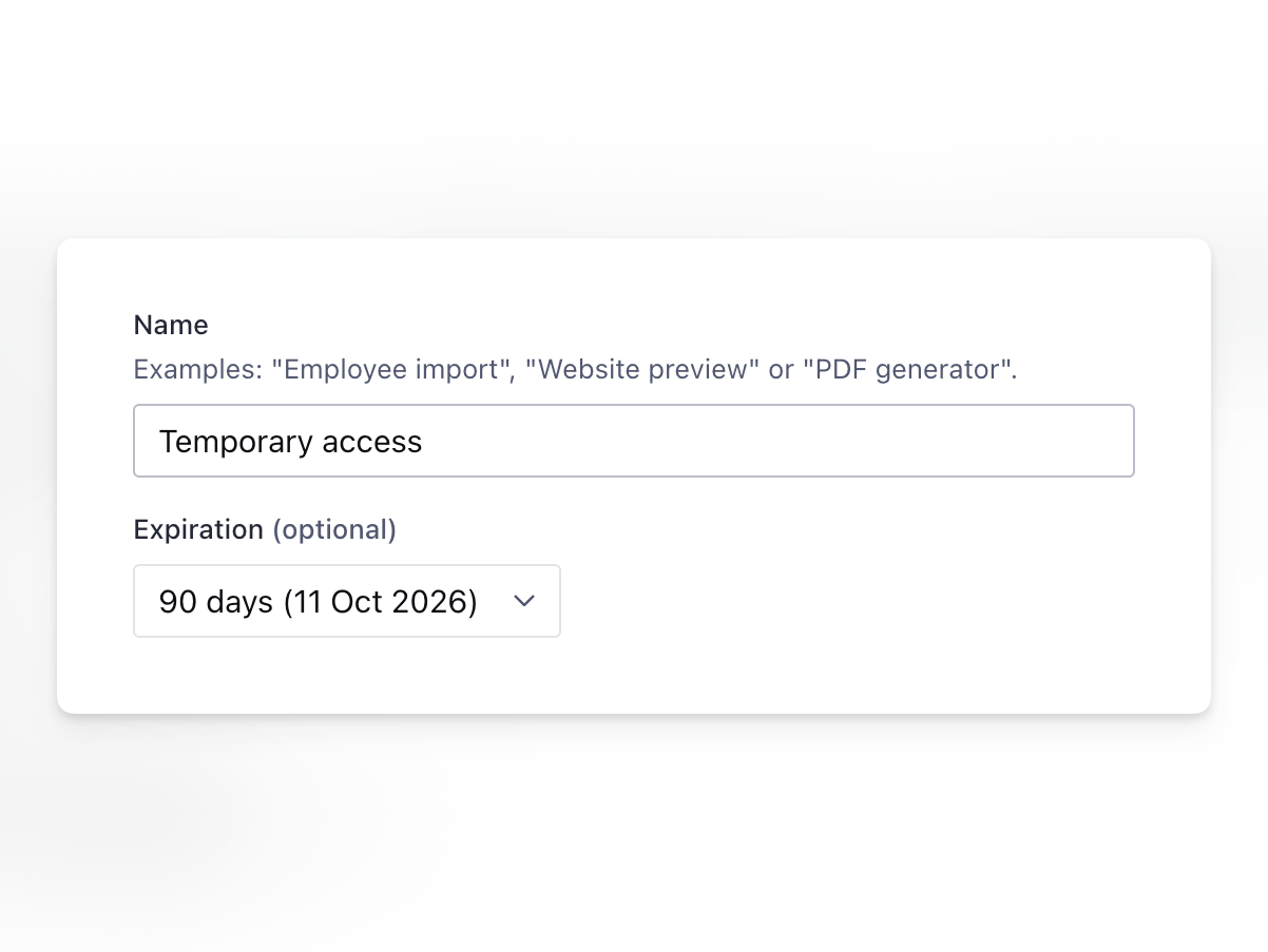 A UI form with a 'Name' field showing 'Temporary access' and an 'Expiration (optional)' dropdown set to '90 days (11 Oct 2026)'.