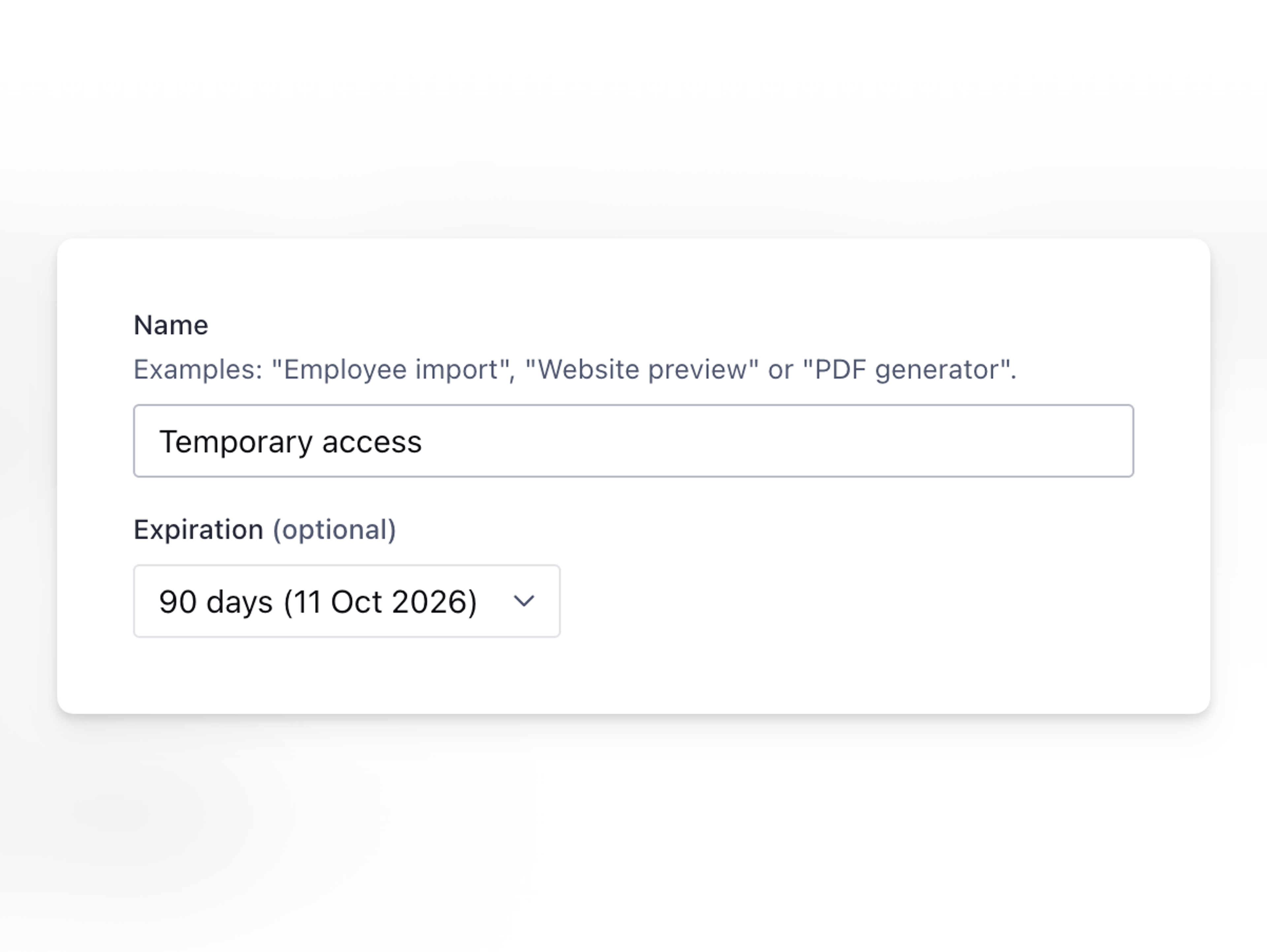 A UI form with a 'Name' field showing 'Temporary access' and an 'Expiration (optional)' dropdown set to '90 days (11 Oct 2026)'.