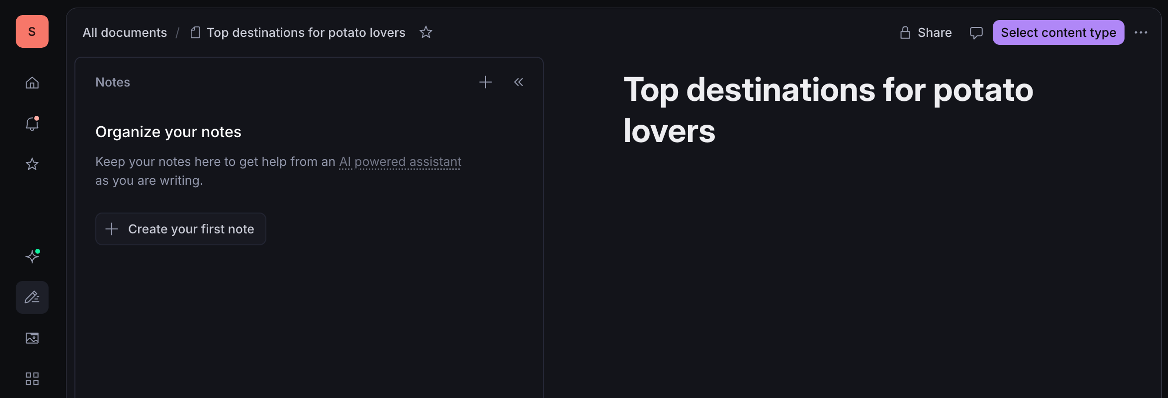 A document application interface displaying the title "Top destinations for potato lovers" and a notes panel.