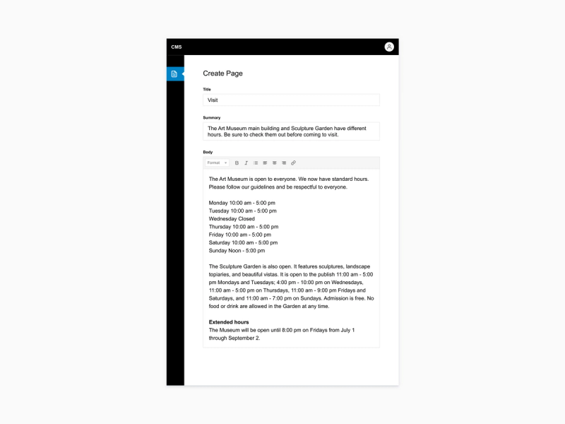 A CMS entry form with only Title, Summary, and Body fields.