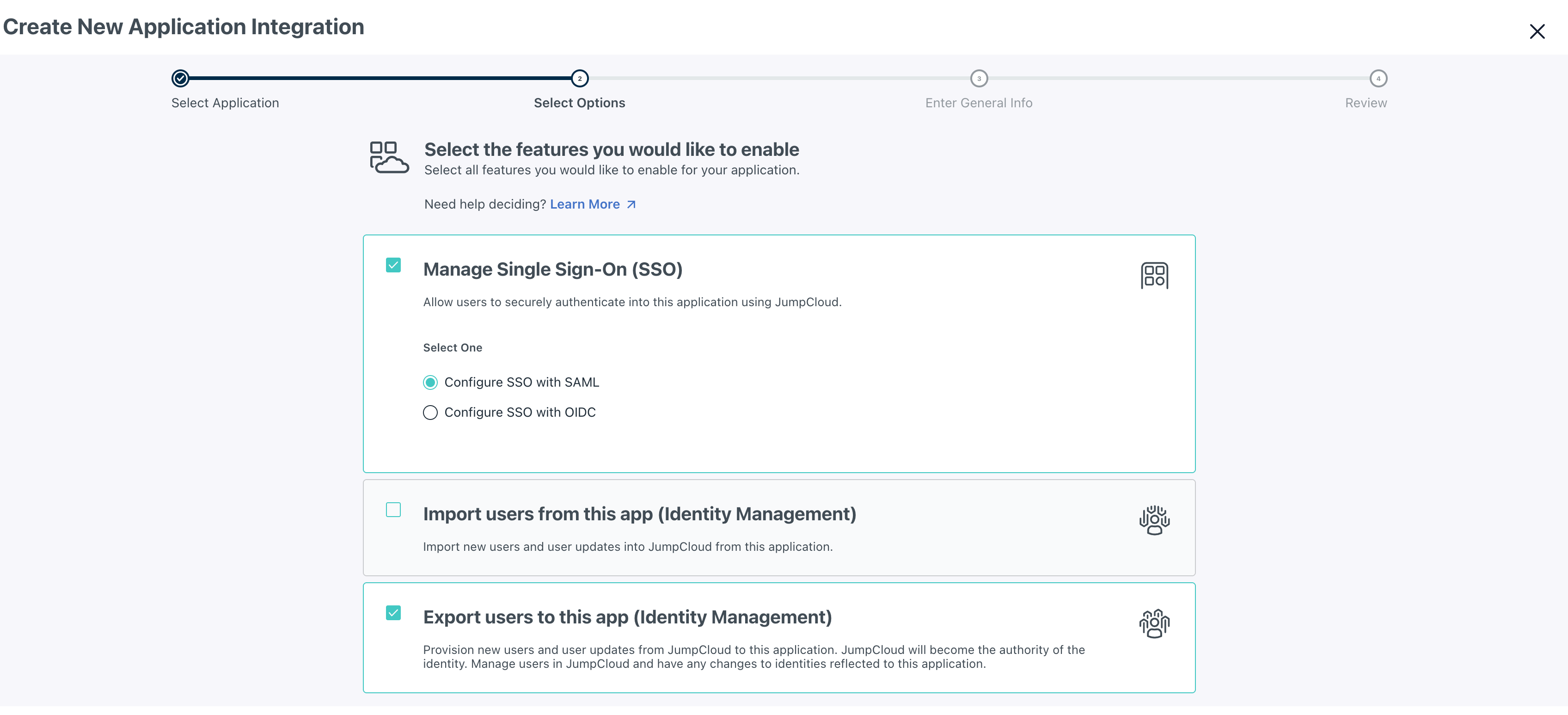 The Select Options step of the Create New Application Integration dialog in JumpCloud, with Manage Single Sign-On (SSO), Configure SSO with SAML, and Export users to this app (Identity Management) selected.