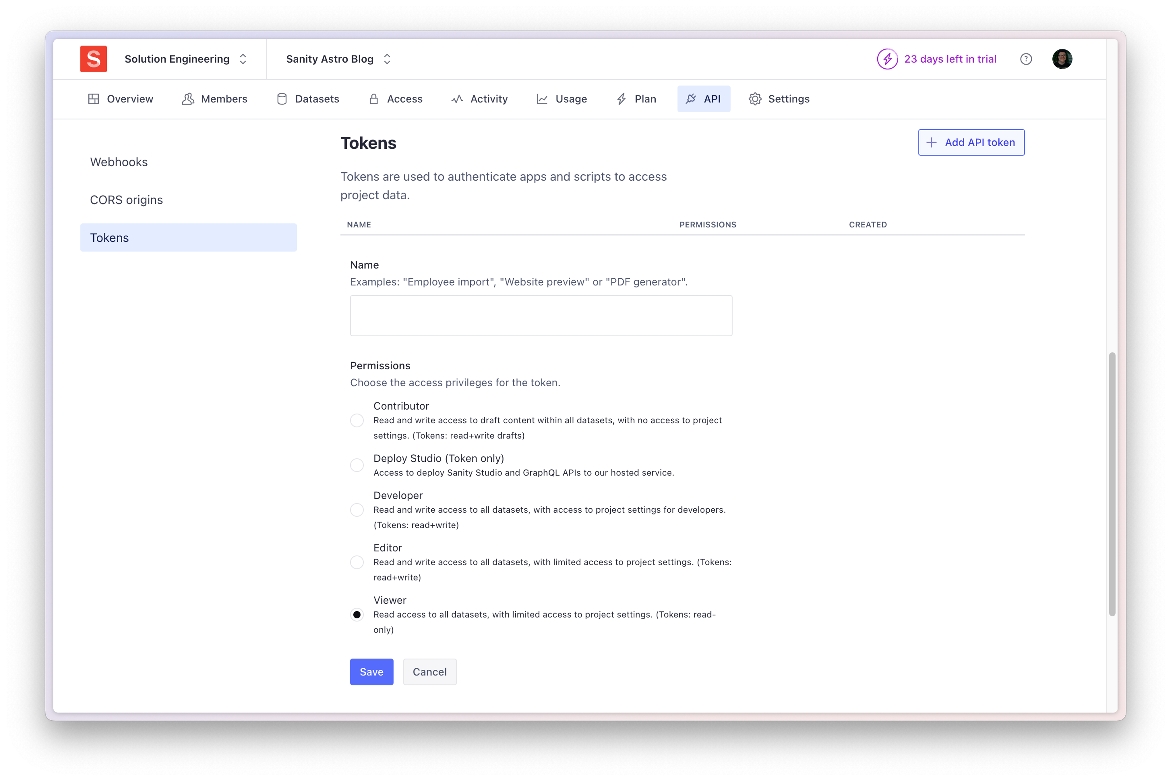 Navigate to the token settings in manage and create a viewer token