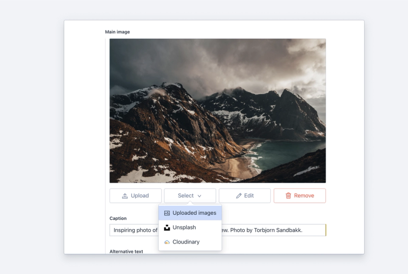 The image asset selector showing both uploaded images, Unsplash and Cloudinary