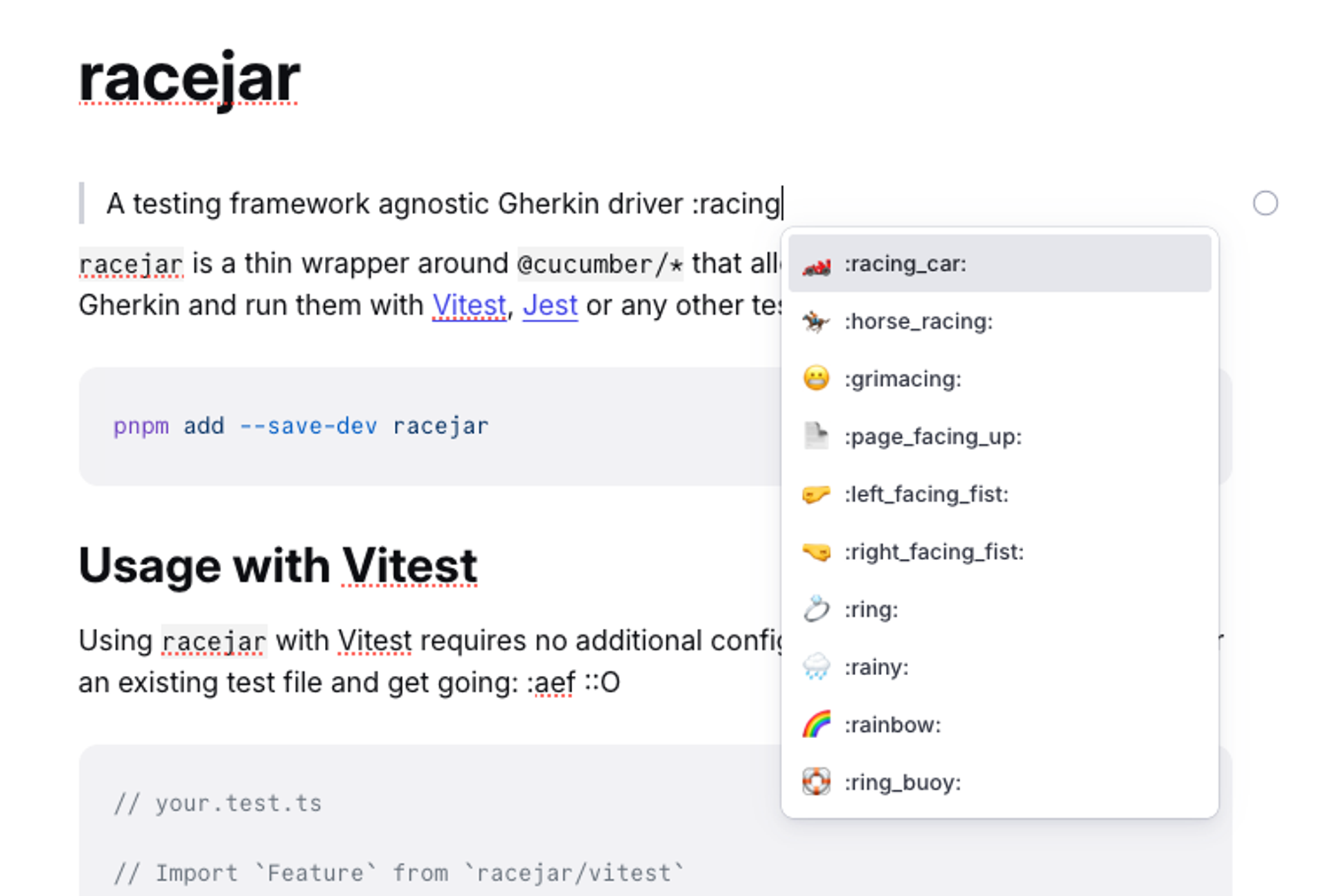 Documentation page for "racejar" showing an emoji autocomplete list with ":racing_car:" highlighted.