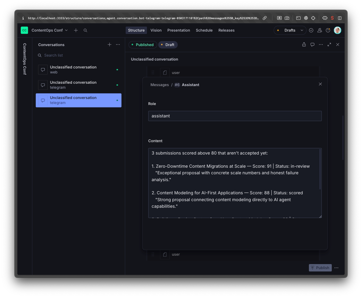 Dark-themed web interface displaying an AI assistant's message with a list of two project submissions, their scores, and review statuses.