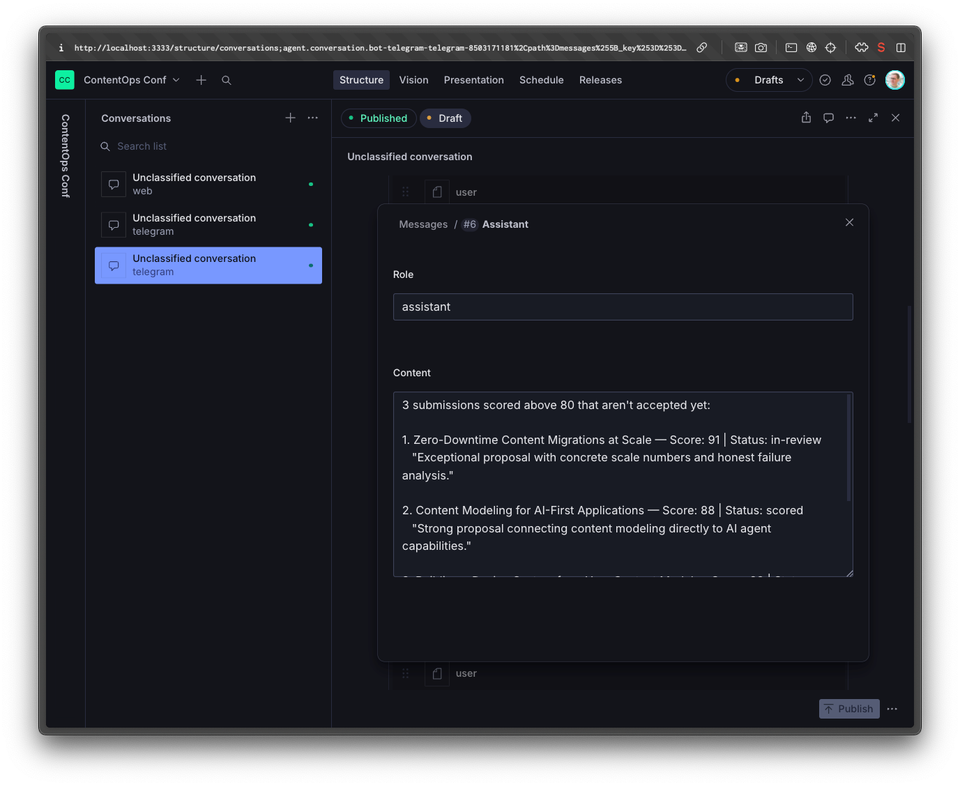 Dark-themed web interface displaying an AI assistant's message with a list of two project submissions, their scores, and review statuses.