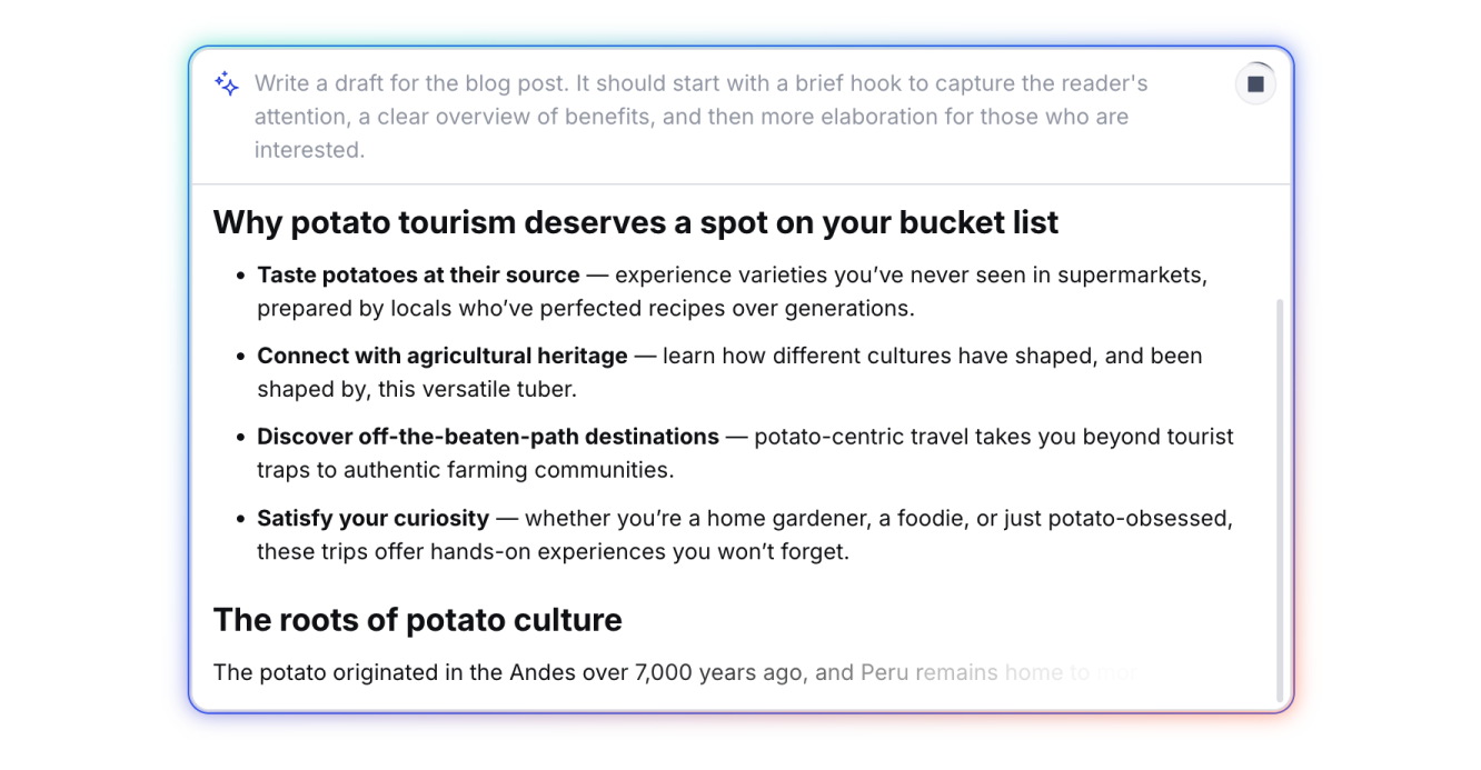 AI-generated draft blog post about potato tourism.
