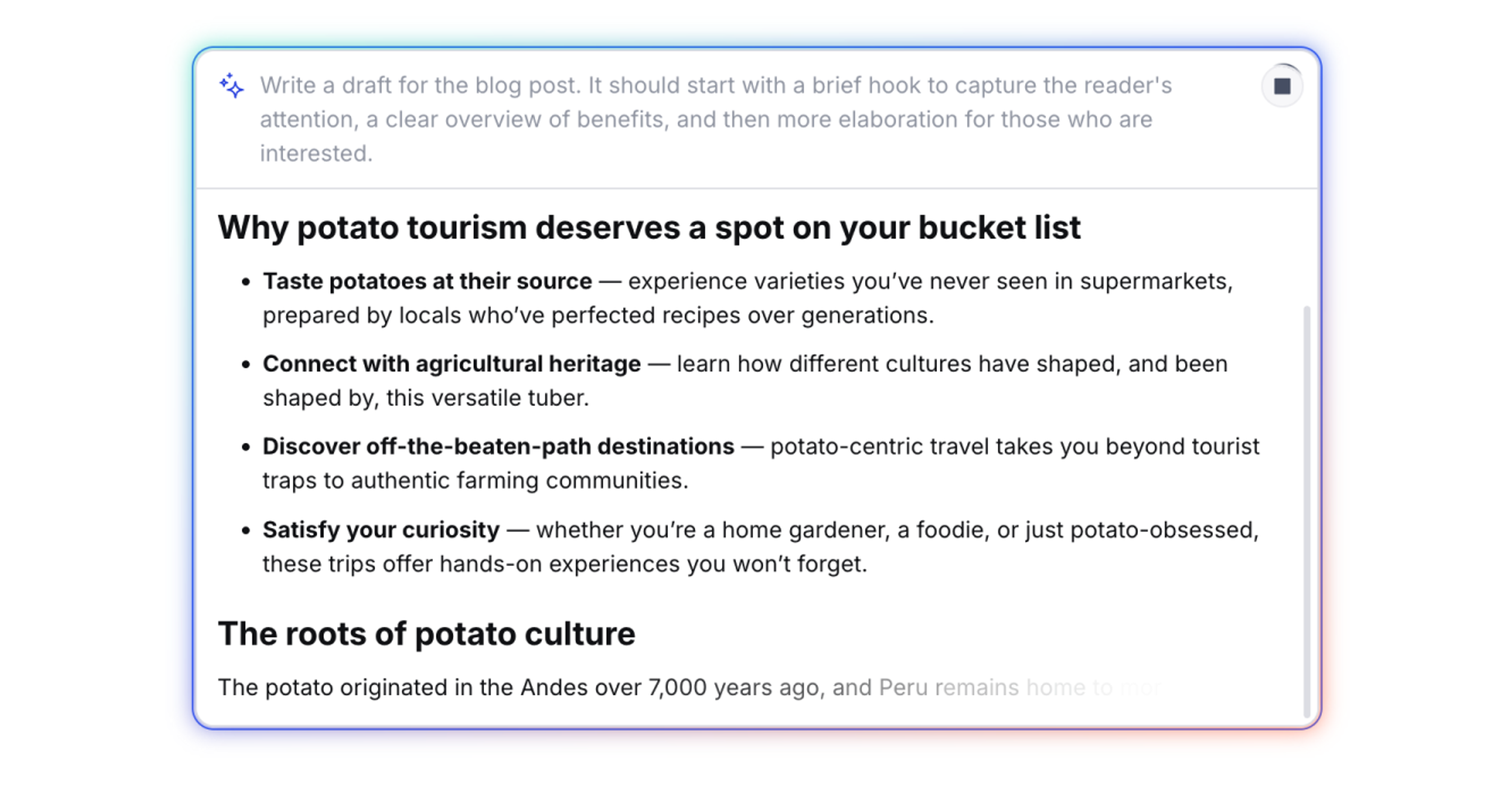 AI-generated draft blog post about potato tourism.