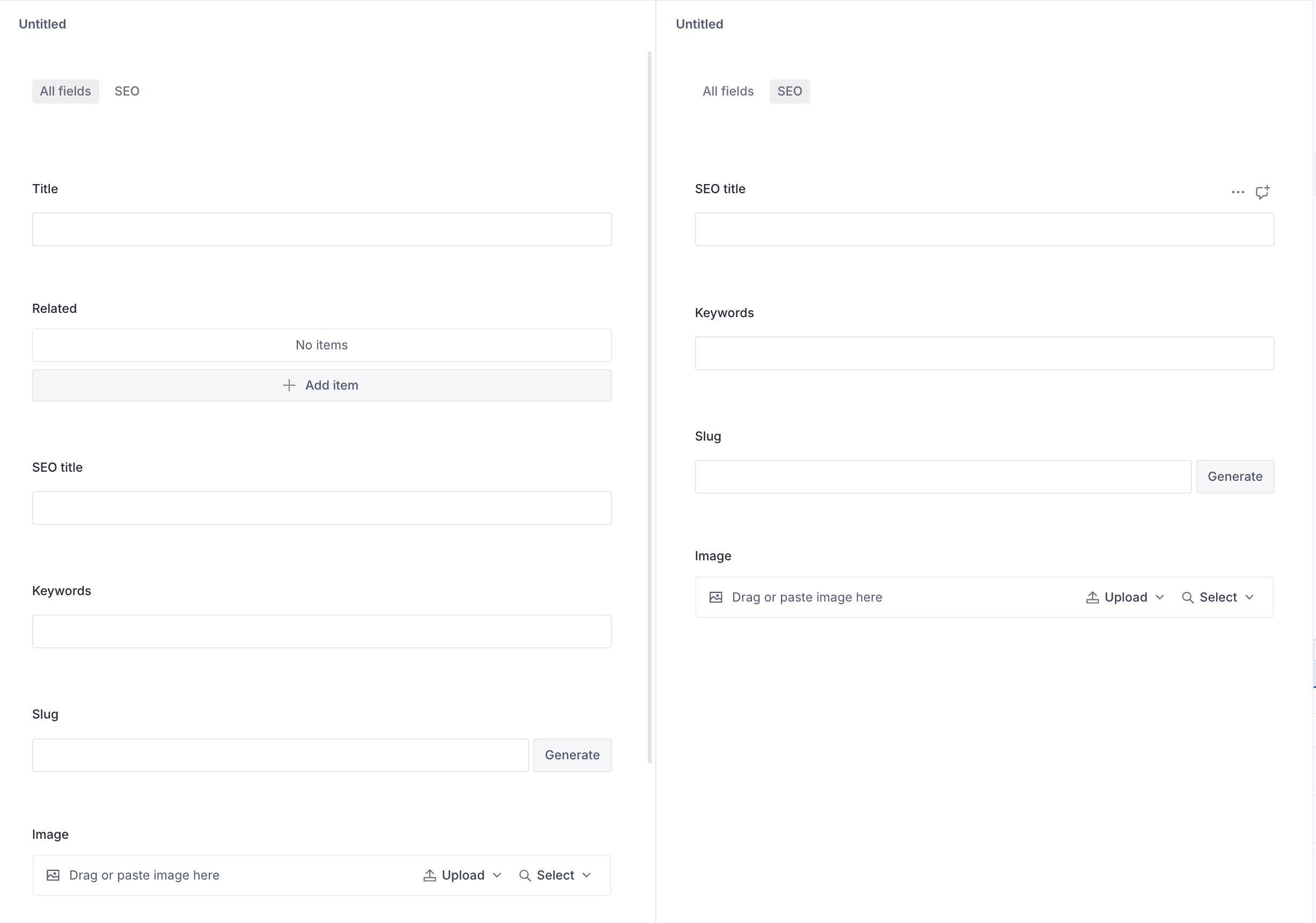 Side-by-side view of a Sanity Studio document form: the default view with all fields visible on the left, and the SEO field group view showing only SEO fields on the right.
