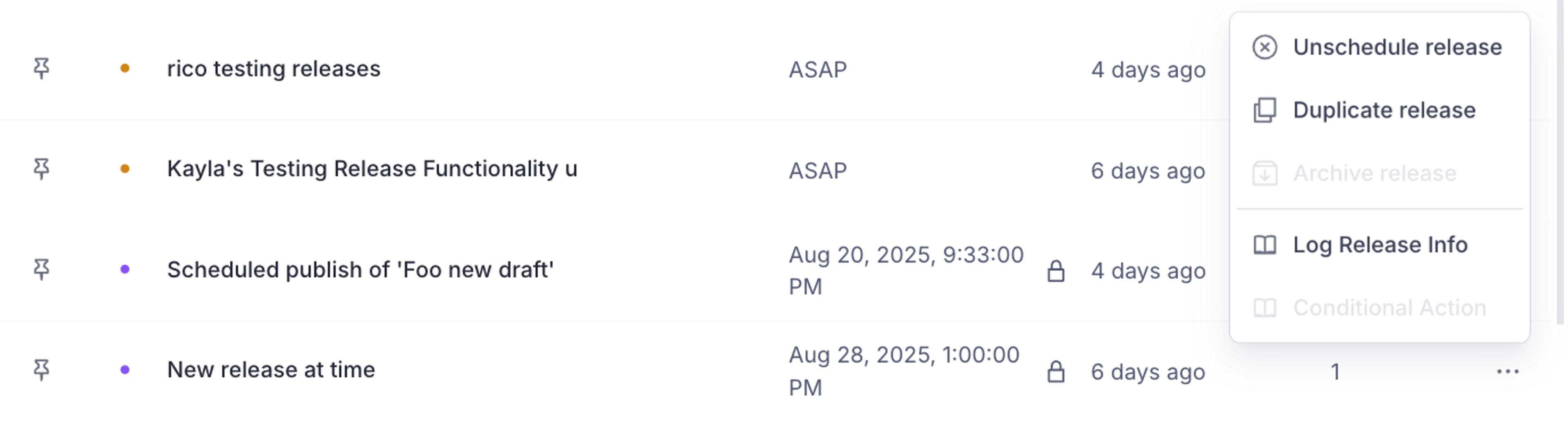 A screenshot showing custom "Log Release Info" and "Conditional Action" actions for Content Releases in Studio.