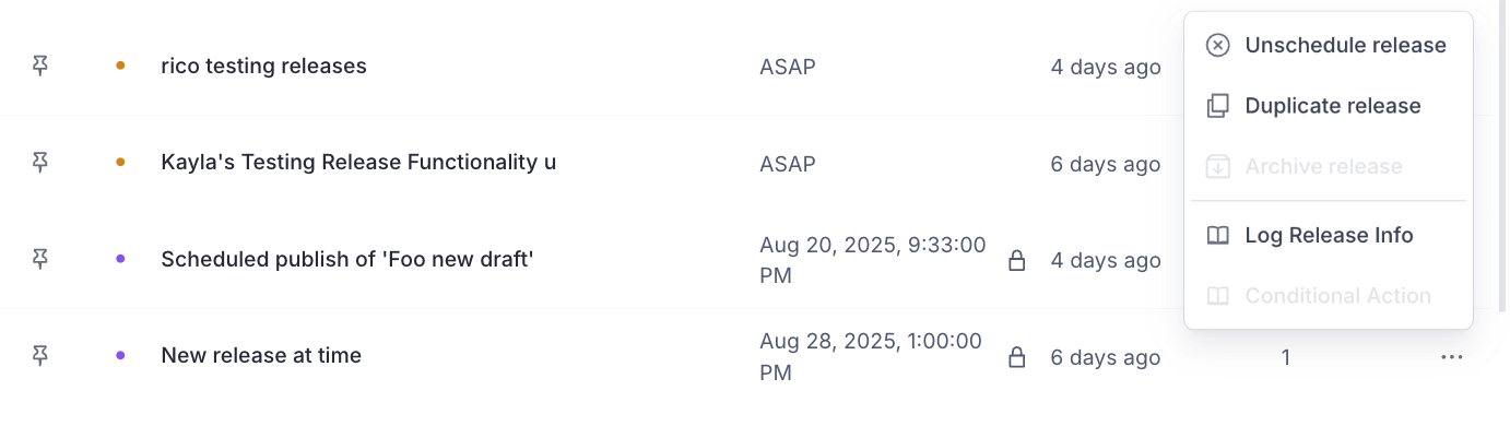 A screenshot showing custom "Log Release Info" and "Conditional Action" actions for Content Releases in Studio.