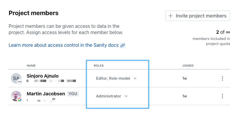 Overview of project members in manage