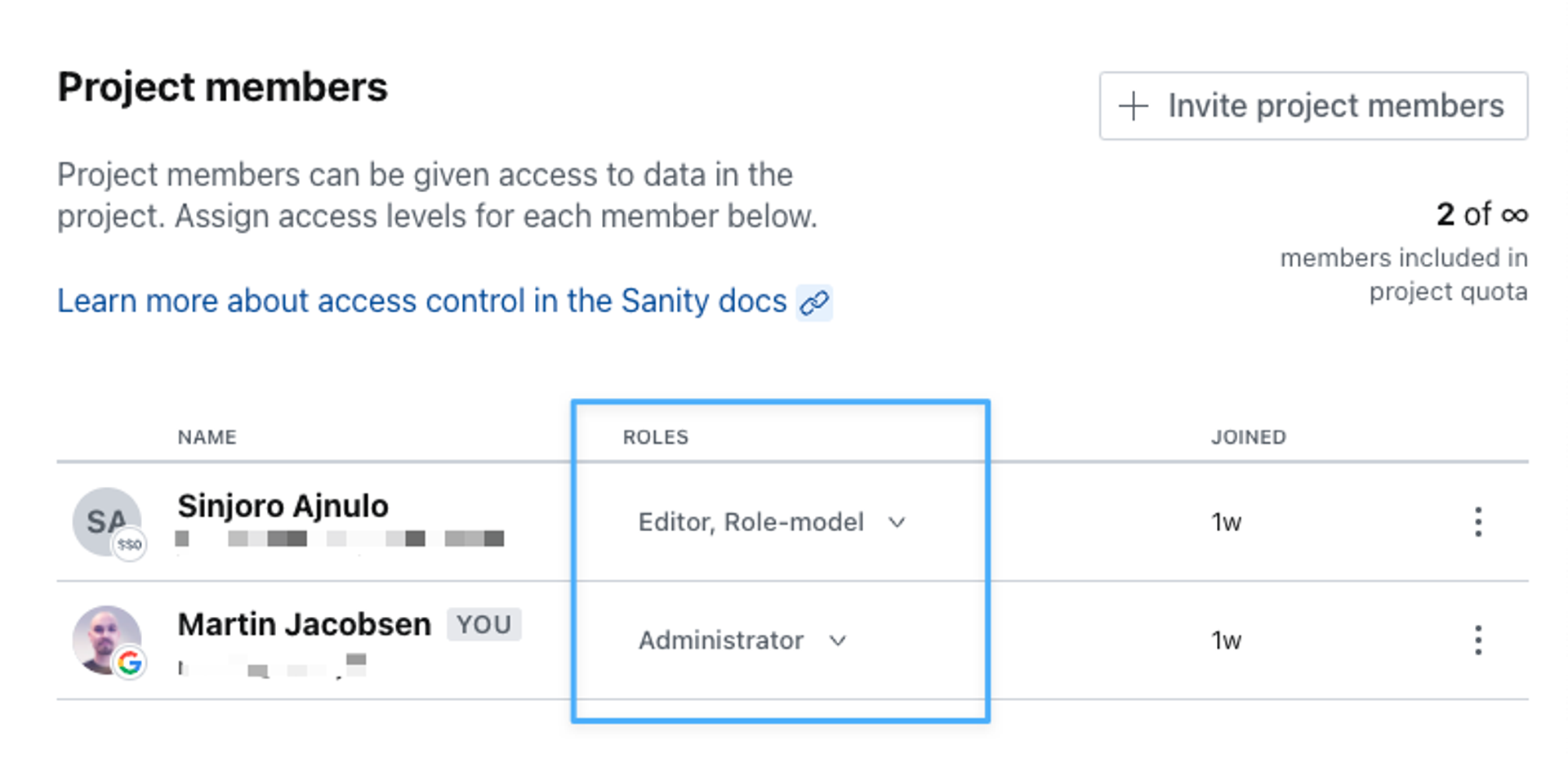 Overview of project members in manage