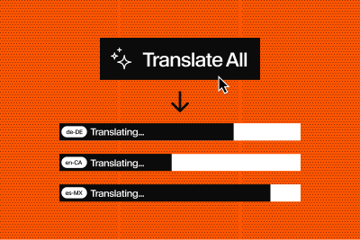 A cursor clicks the 'Translate All' button, activating progress bars for de-DE, en-CA, and es-MX translations.