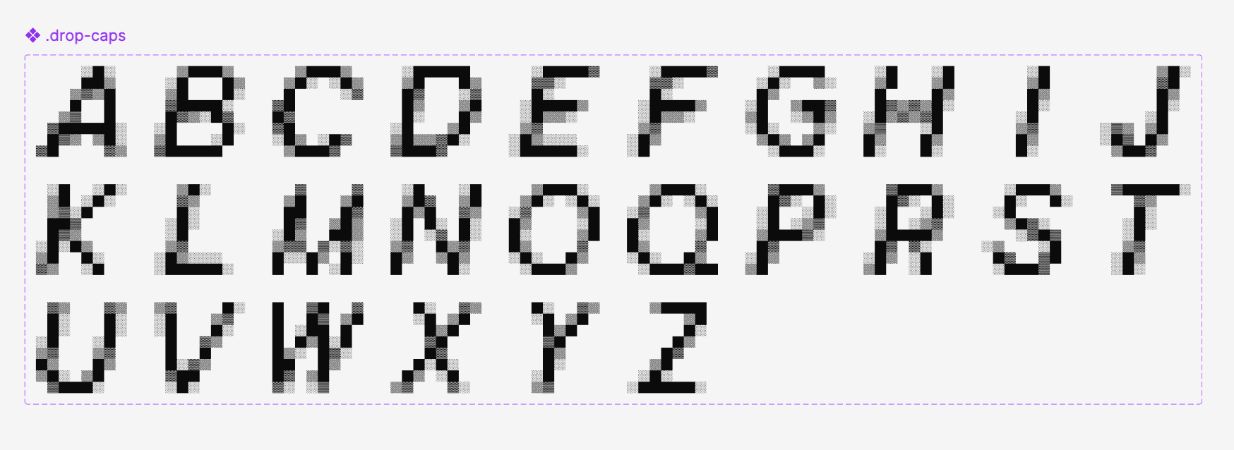 Pixelated, slanted uppercase English alphabet from A to Z.