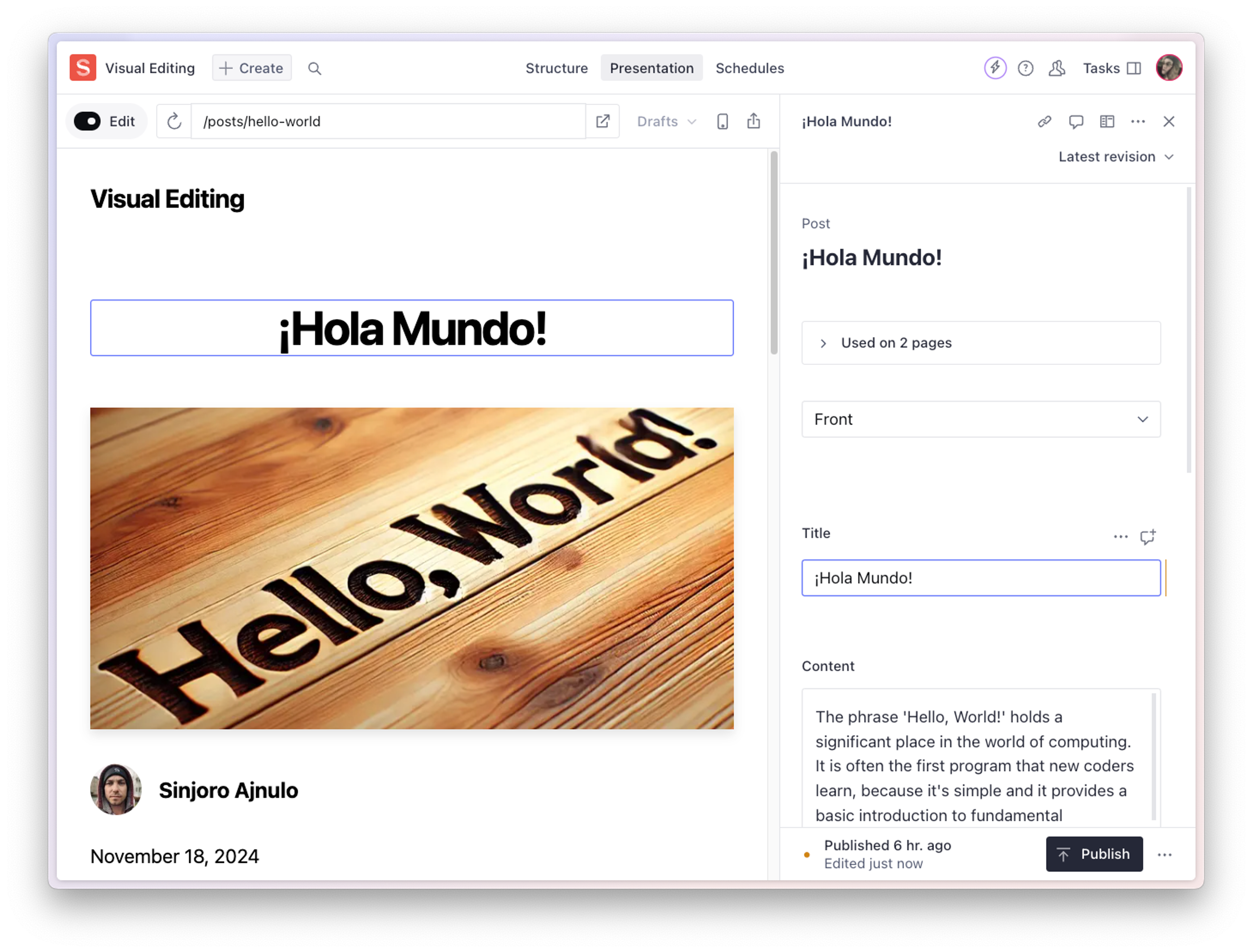 The preview updates as you edit the source document, making for a live editor experience