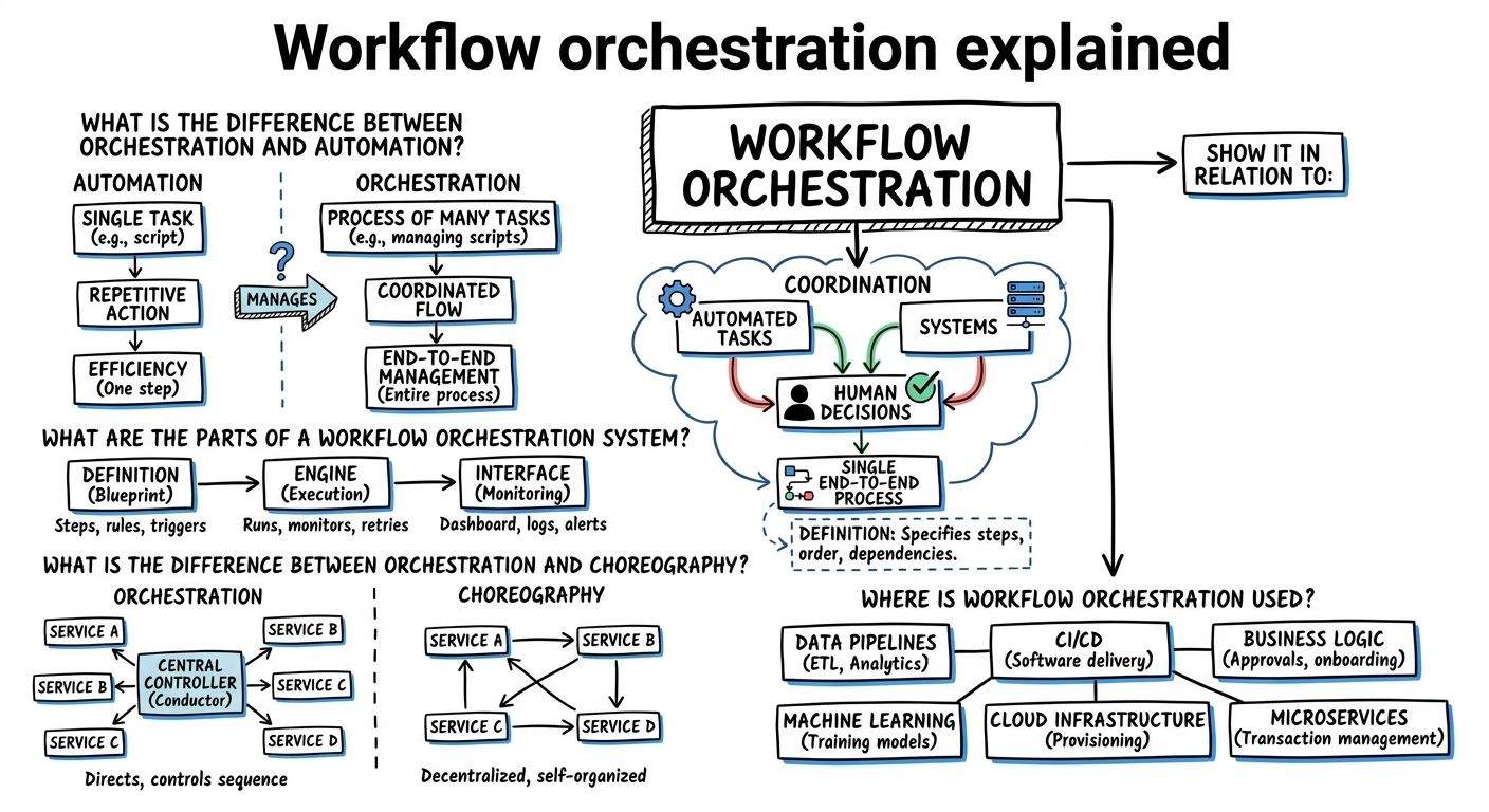 A diagram explaining Workflow orchestration in terms of related concepts.