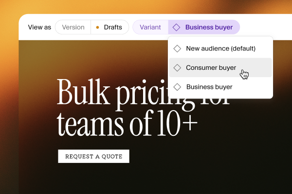 Dropdown menu showing audience variants for a bulk pricing page, with "Consumer buyer" highlighted.