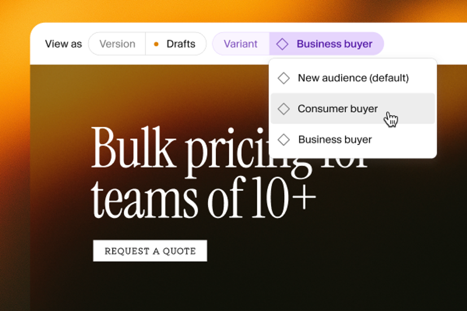 Dropdown menu showing audience variants for a bulk pricing page, with "Consumer buyer" highlighted.