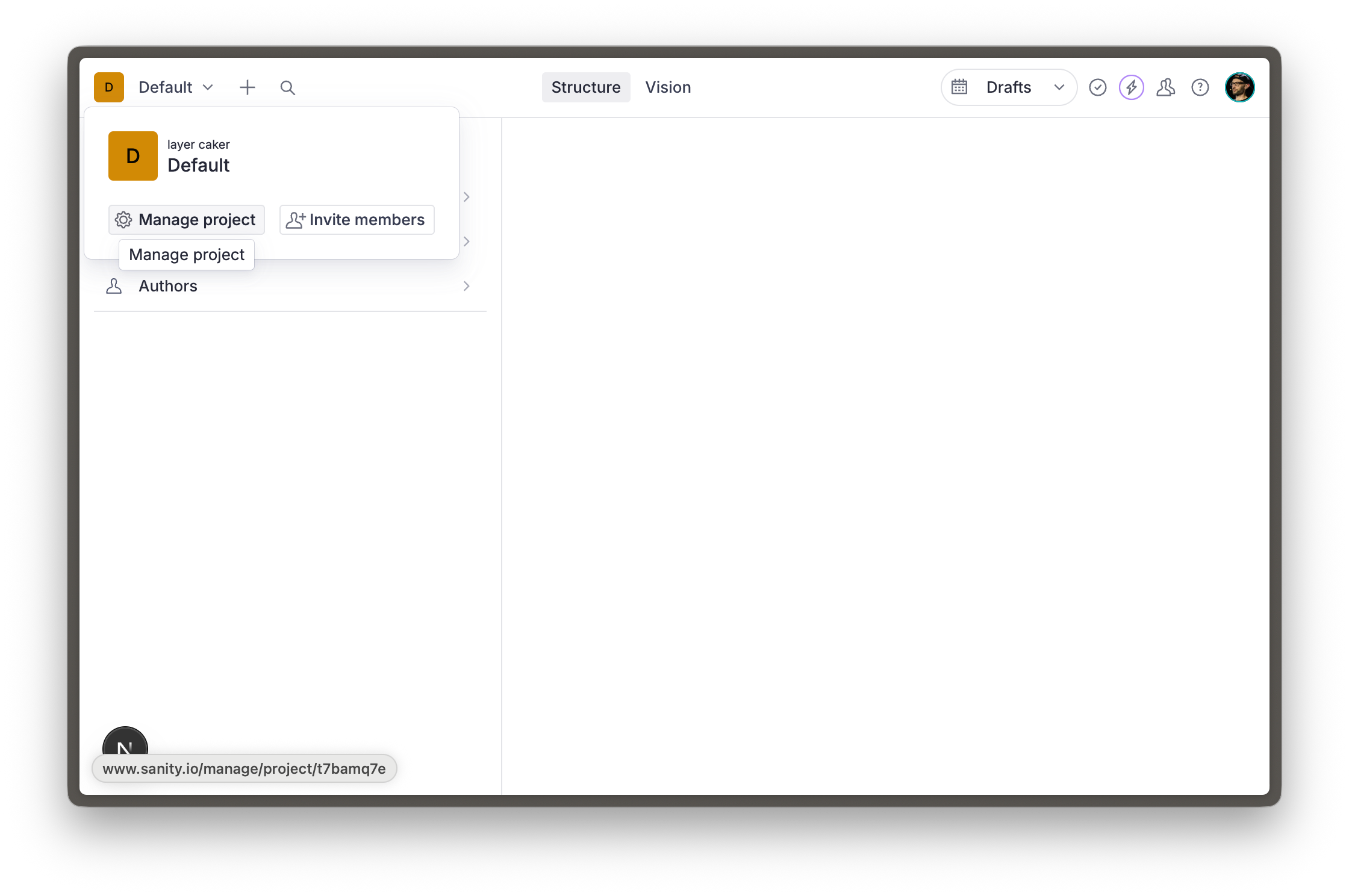 Sanity Studio with "Manage project" button selected