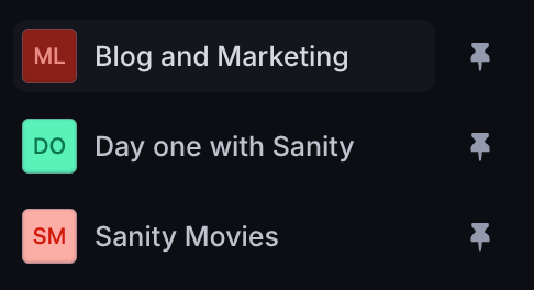 Shows a list of studios and applications with a pin icon next to each list item