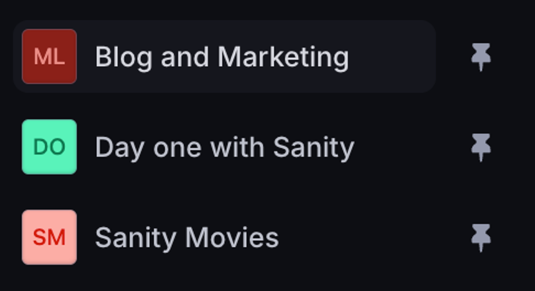 Shows a list of studios and applications with a pin icon next to each list item