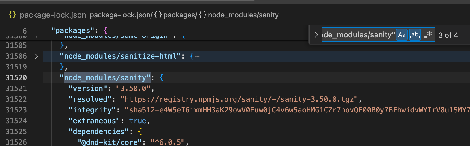 Screenshot of sanity in package-lock.json