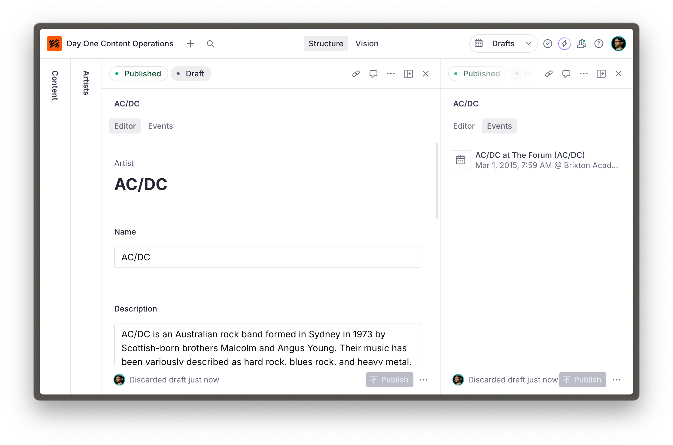 Sanity Studio showing an artist document and all of the events in which it is featured