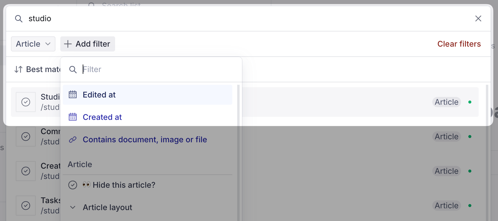 Search results with an open filter menu
