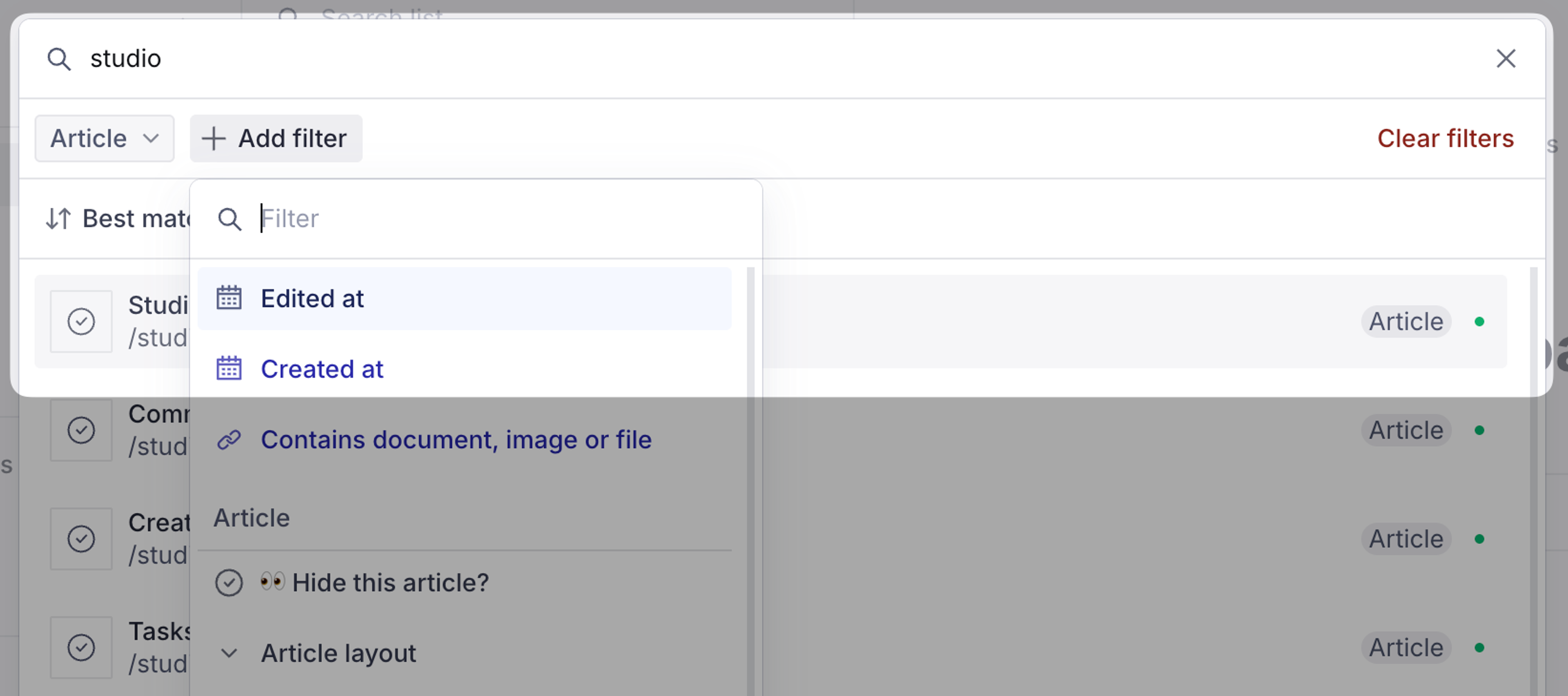 Search results with an open filter menu