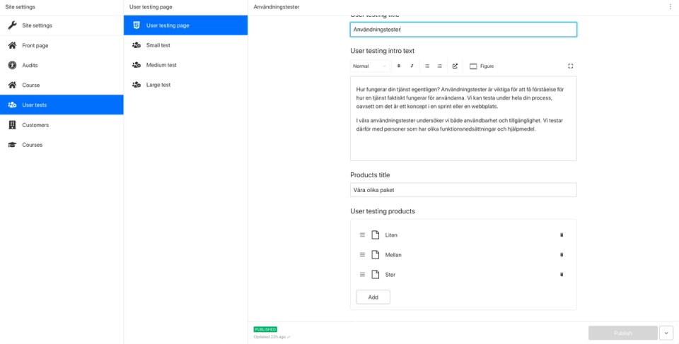 Funka’s Sanity Studio showing the form for users tests content