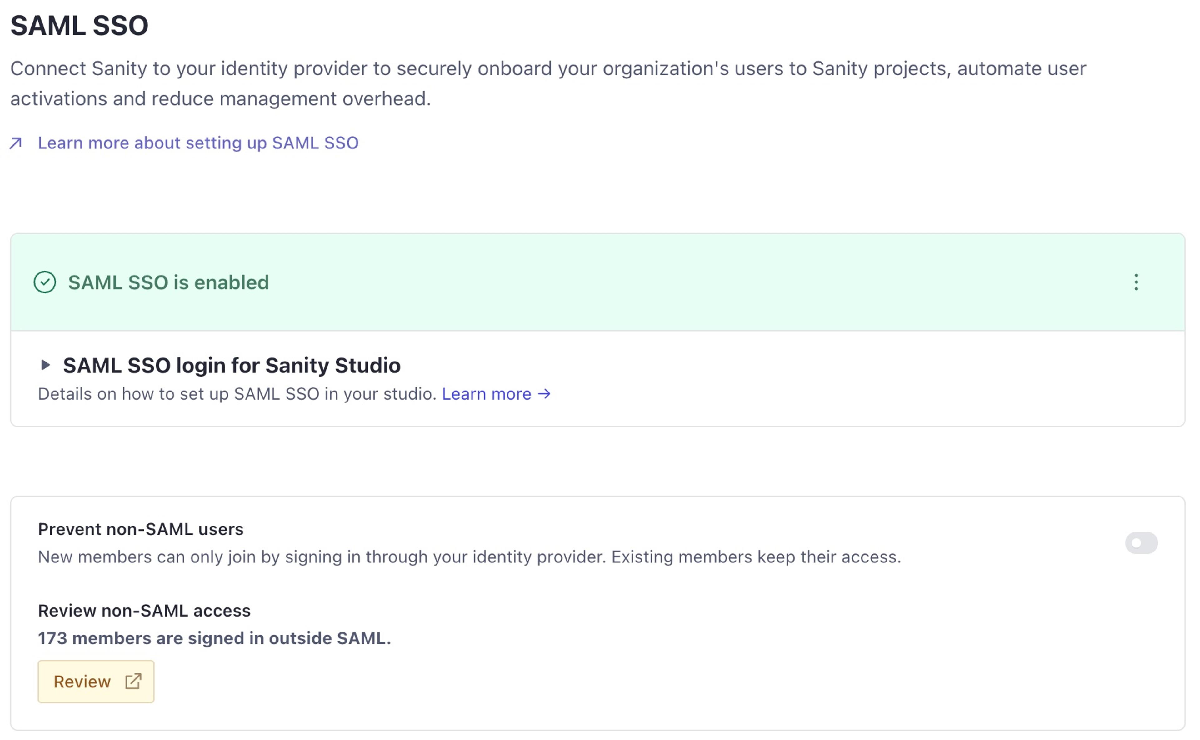 The SAML SSO settings page in Manage, with the Prevent non-SAML users toggle turned off and a Review non-SAML access section showing how many members sign in outside SAML.