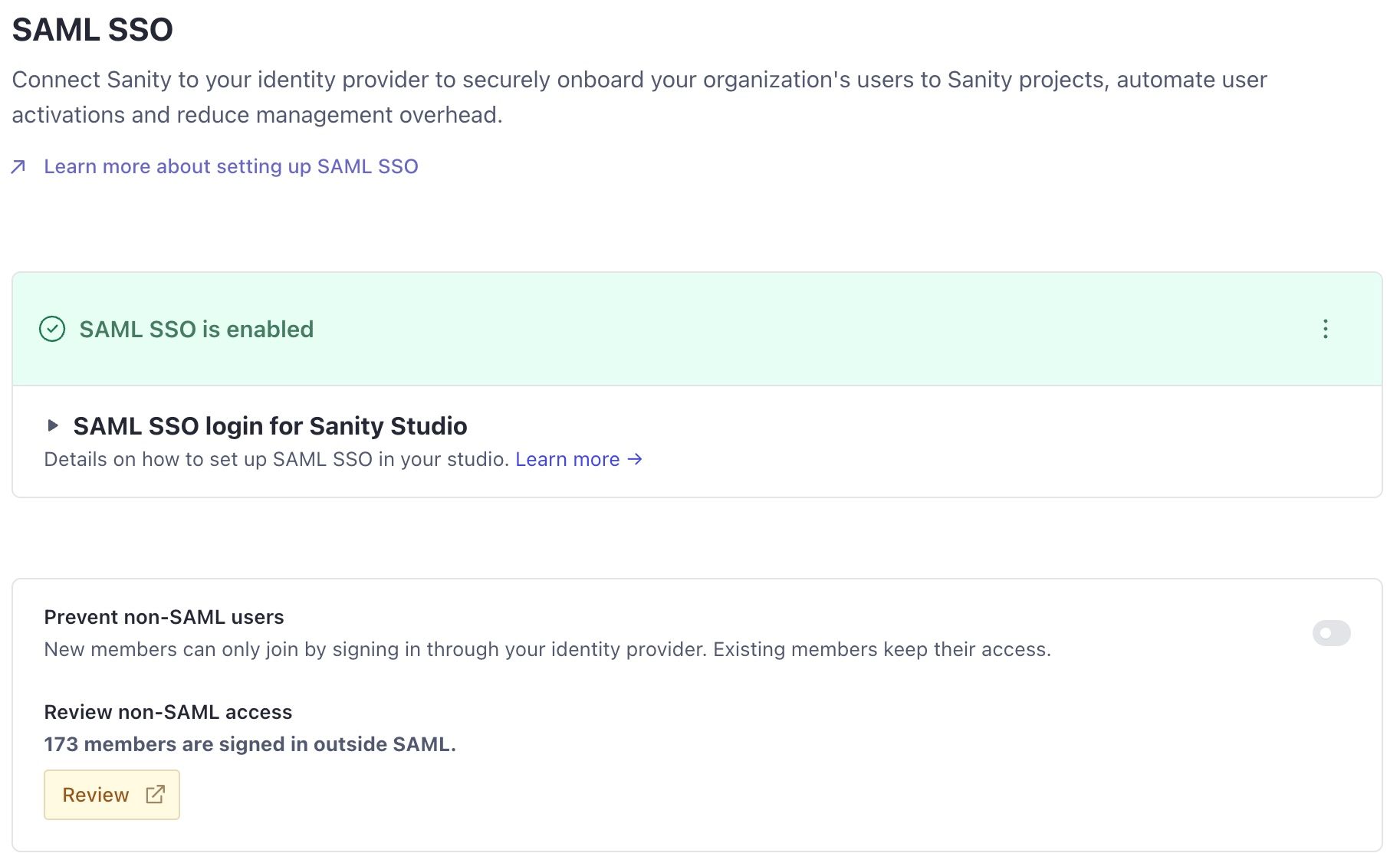 The SAML SSO settings page in Manage, with the Prevent non-SAML users toggle turned off and a Review non-SAML access section showing how many members sign in outside SAML.