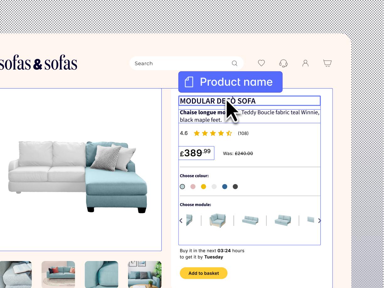 E-commerce product page for a white and teal modular sectional sofa, displaying product details, price, and customization options, with a mouse cursor pointing to the 'Product name' field.