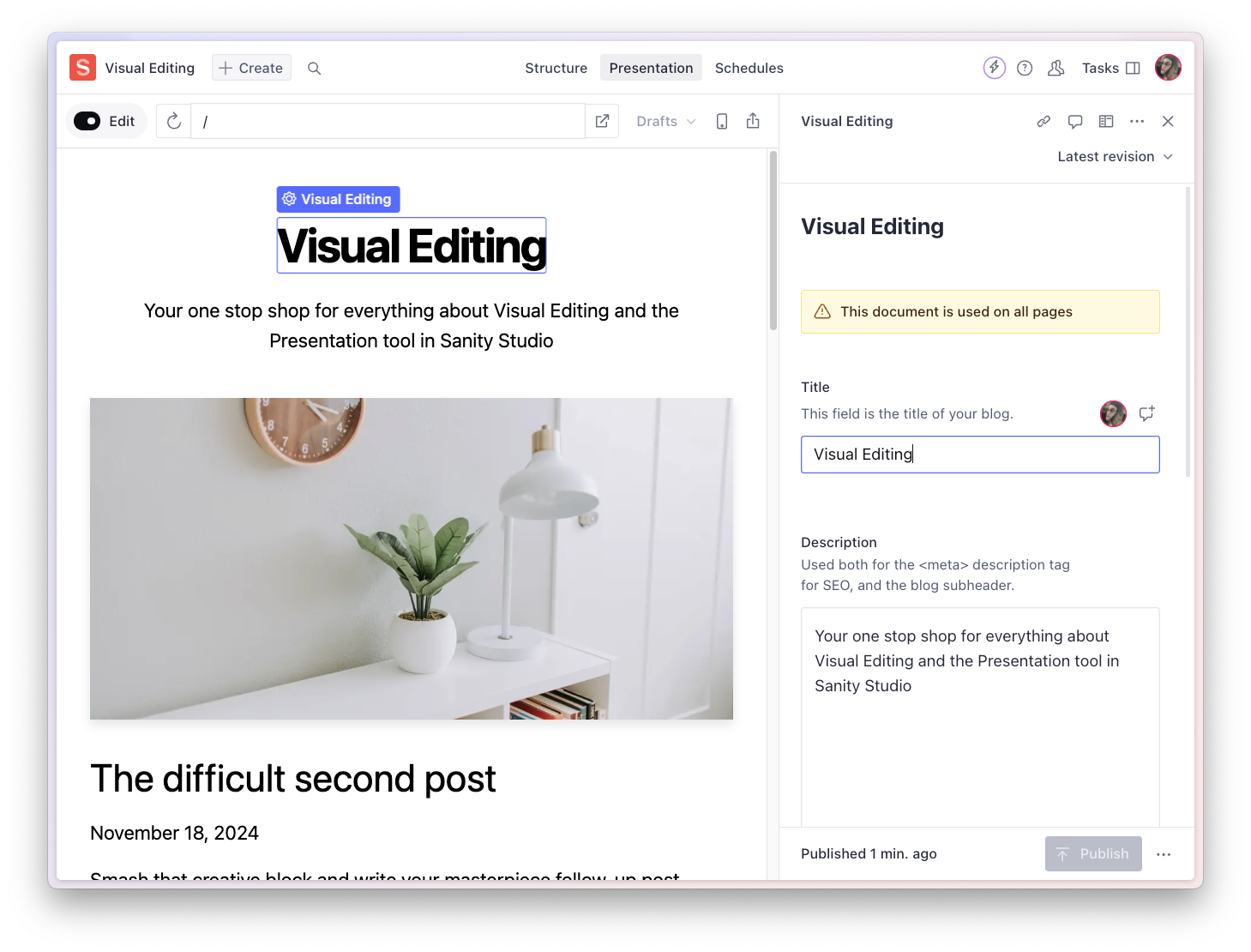 Screenshot of a Sanity Studio interface displaying a blog post titled "Visual Editing." The post description reads, "Your one stop shop for everything about Visual Editing and the Presentation Tool in Sanity Studio." The editor on the right includes fields for the title and description, along with a warning indicating that the document is used on all pages. The post preview includes an image of a desk with a plant and lamp, and a subheading for "The difficult second post" dated November 18, 2024.