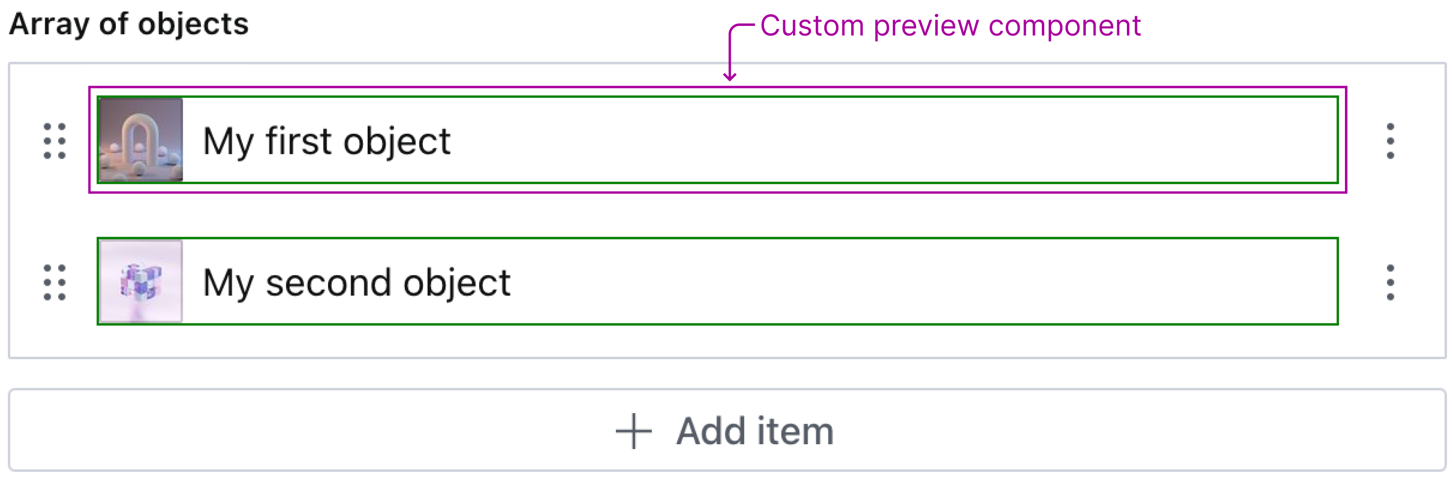 Shows the array of objects with previews that have a slim green border