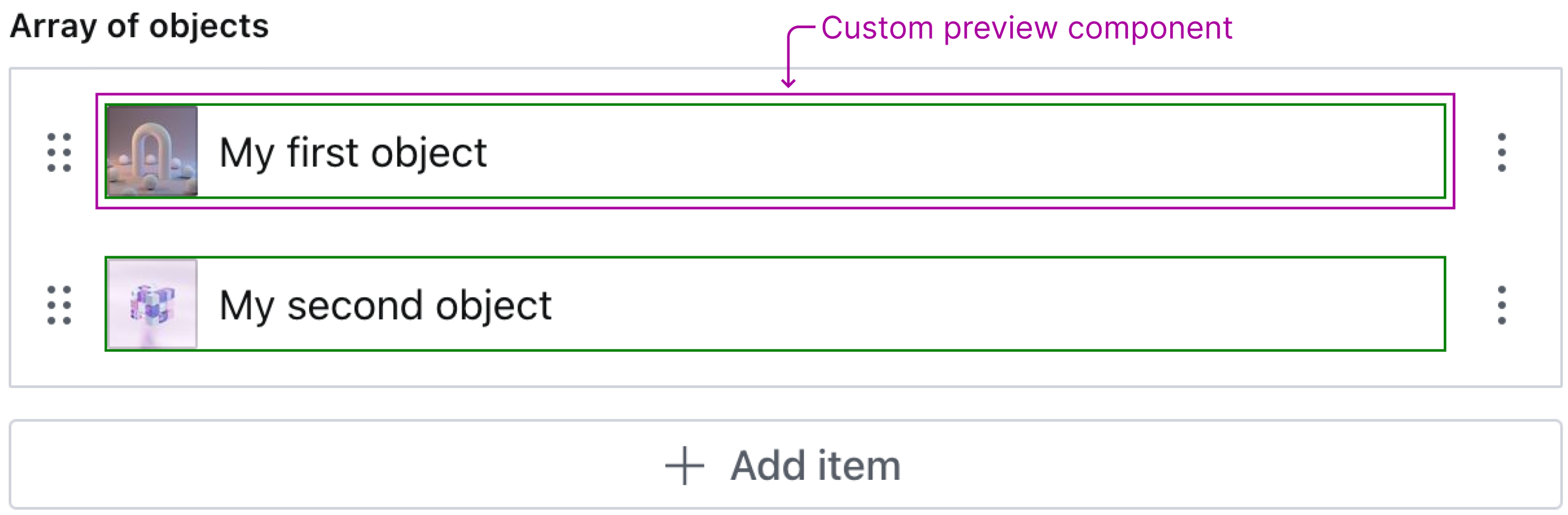 Shows the array of objects with previews that have a slim green border