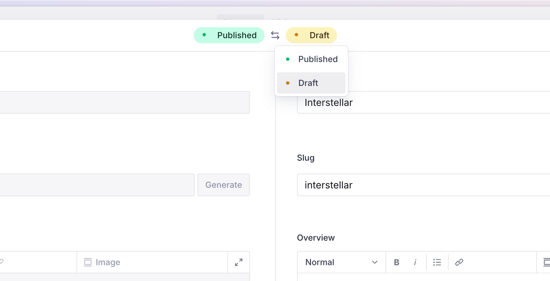 The version selector at the top of the document comparison view, open and listing the Published and Draft options.