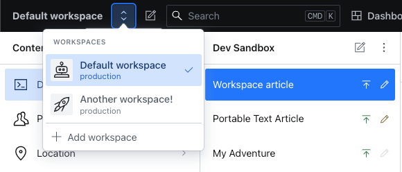 Shows an active popover menu next to the studio title in the navbar. The dialog lists two workspaces, whereof the first is indicated to be currently active