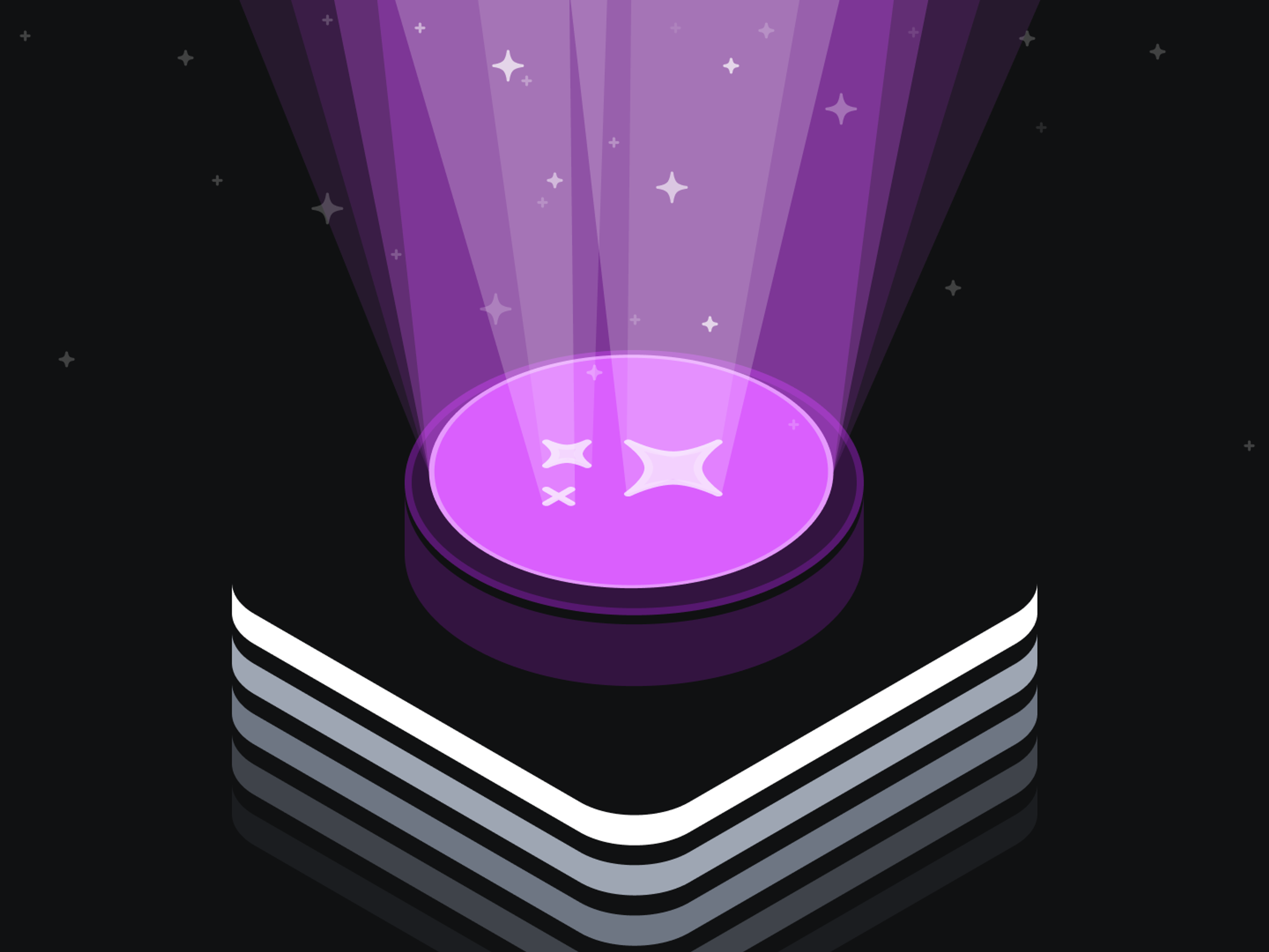 a purple button with stars coming out of it