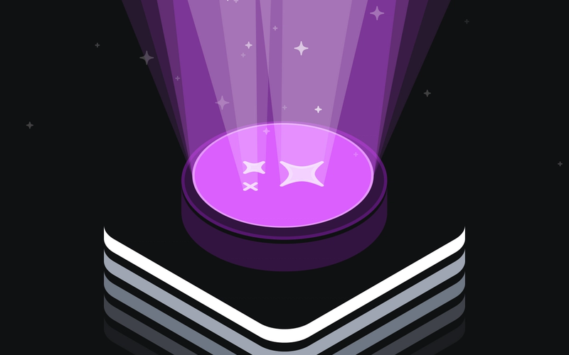 a purple button with stars coming out of it
