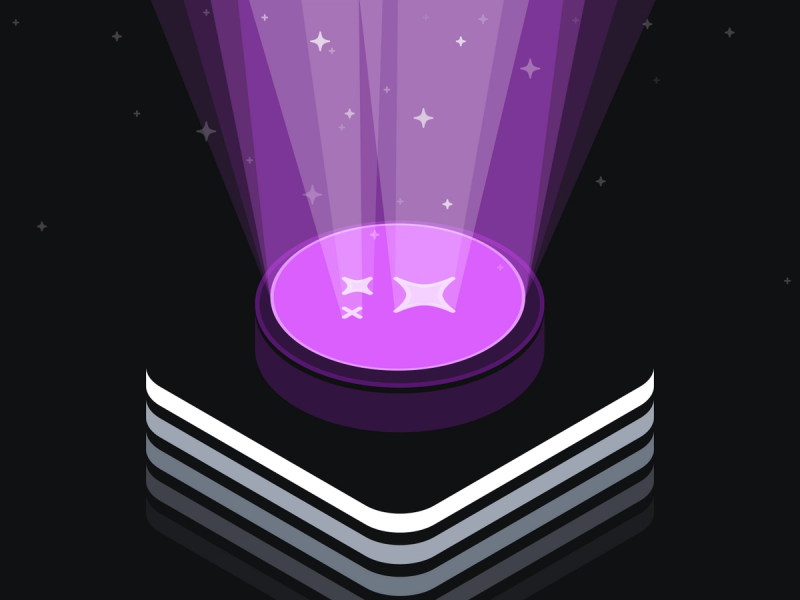 a purple button with stars coming out of it