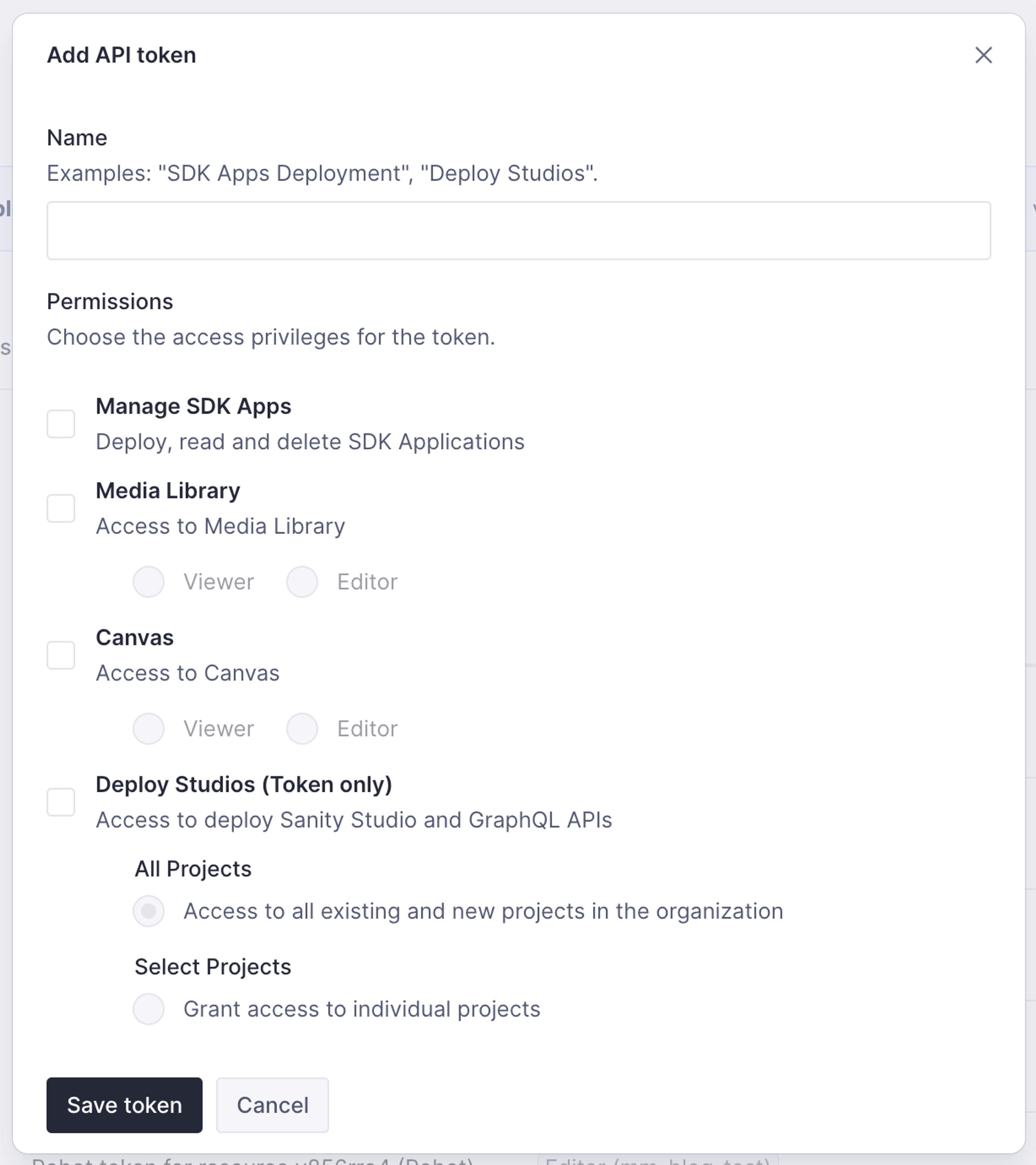 The add API token interface