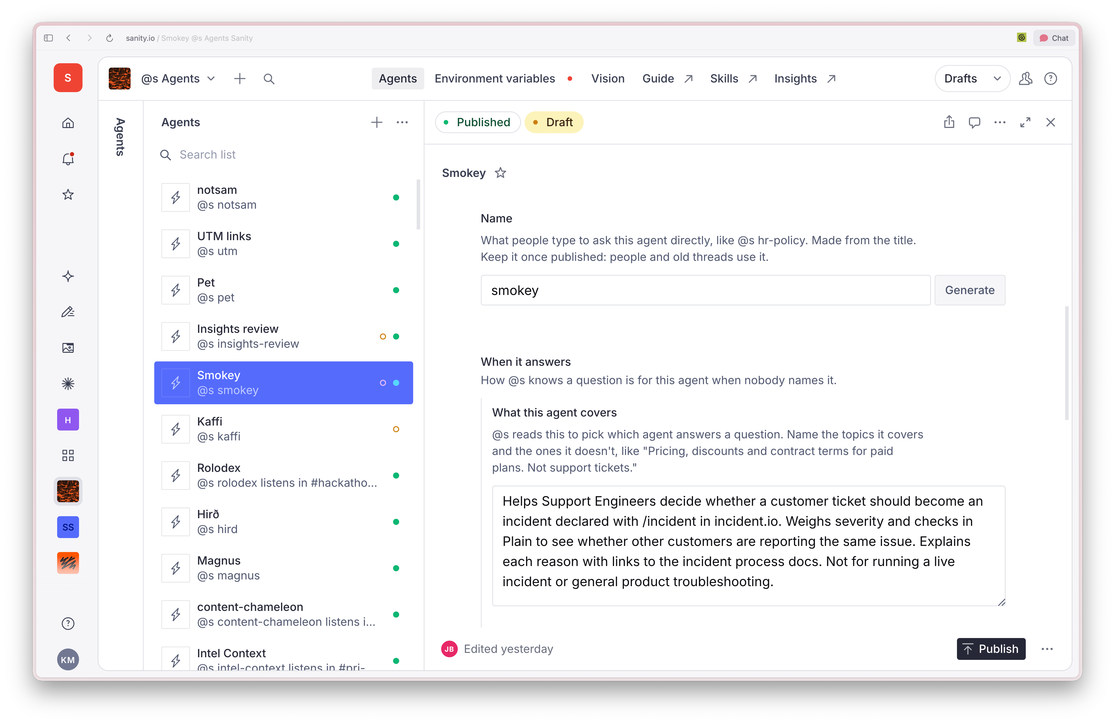 A web interface for managing AI agents, with "Smokey" selected and its description for assisting support engineers with incident management visible.
