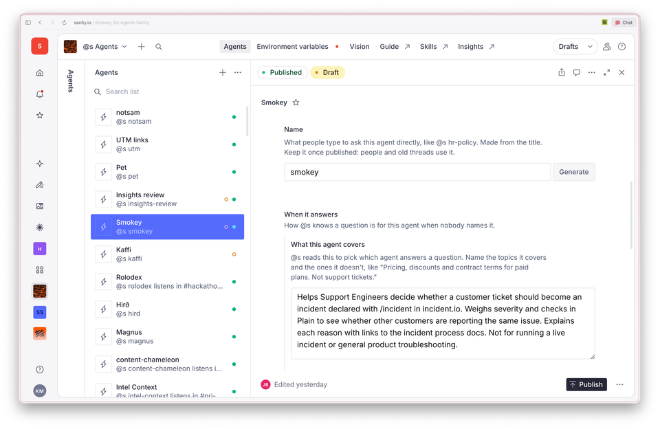 A web interface for managing AI agents, with "Smokey" selected and its description for assisting support engineers with incident management visible.