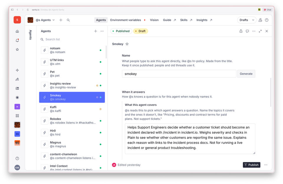 A web interface for managing AI agents, with "Smokey" selected and its description for assisting support engineers with incident management visible. A web interface for managing AI agents, with "Smokey" selected and its description for assisting support engineers with incident management visible.
