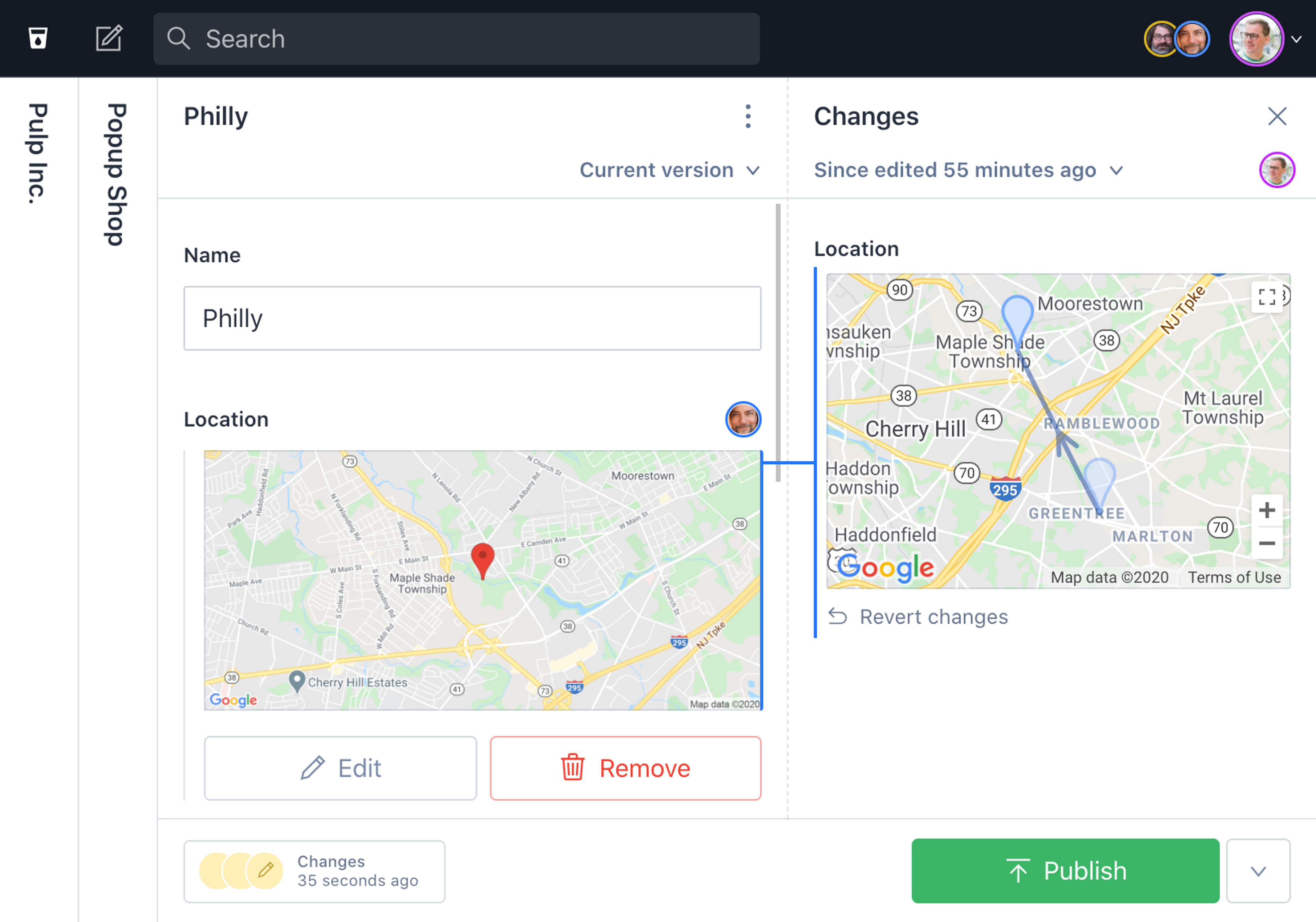 A custom diff component for the Google Maps plugin showing two locations on a map with an arrow between them