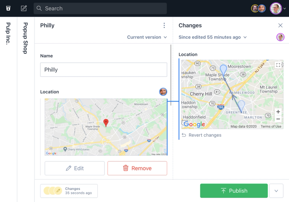 A custom diff component for the Google Maps plugin showing two locations on a map with an arrow between them